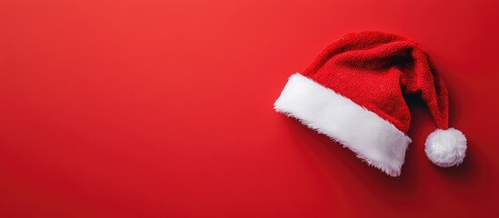 Poster - Santa hat design on vibrant red background perfect for holiday greeting cards, positioned on the left side, emphasizing festive winter celebrations.