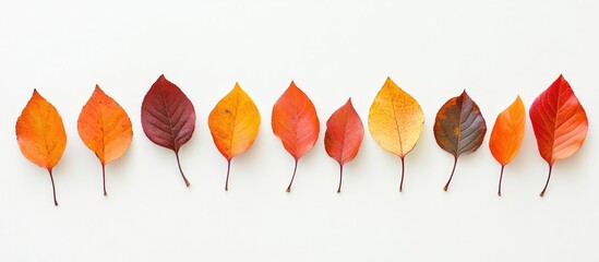 Poster - Colorful autumn leaves arranged in a horizontal line on a white background showing orange, red and yellow hues with space for text in the center.