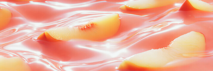 Poster - Oat milk forming ripples with fresh peach slices on a soft background