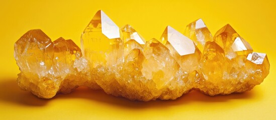 Aufkleber - Vibrant citrine crystals in varying heights positioned on a bright yellow backdrop highlight the gemstone's radiant hues and natural beauty.