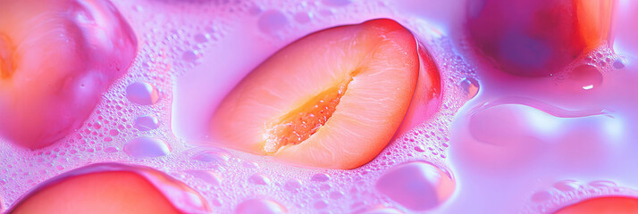 Poster - Delicate ripples of oat milk and plum slices create a calming background for banners