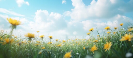 Poster - Vibrant meadow with lush green grass and blooming yellow dandelions under a soft blue sky with fluffy white clouds creating a serene spring landscape.