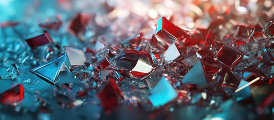 Poster - chaotic array of fragmented glass shards in red and blue hues scattered across a reflective surface,