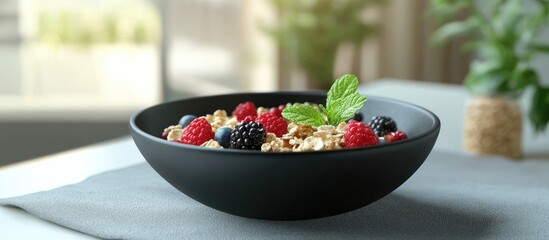 Poster - Breakfast bowl with mixed berries and granola placed on gray tablecloth with a green mint leaf, featuring a black bowl and natural light backdrop.