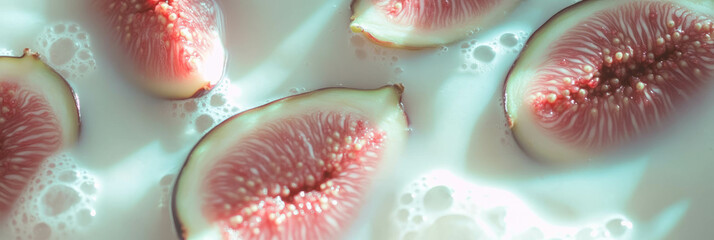 Poster - Delicate composition of off-white milk and sliced figs in a top view arrangement