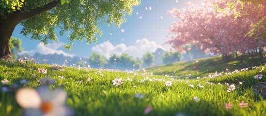 Leinwandbilder - Blooming glade under a blue sky with vibrant green grass dotted with flowers, soft sunlight filtering through blossoms creating a serene spring scene