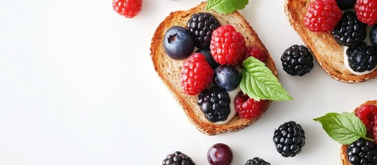 Poster - Healthy breakfast toast topped with assorted berries including raspberries blueberries blackberries arranged on rustic bread with mint leaves on white background