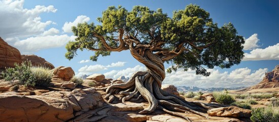 Fototapete - Twisted ancient tree with sprawling roots and vibrant green foliage set against a blue sky with clouds and rocky desert landscape in background