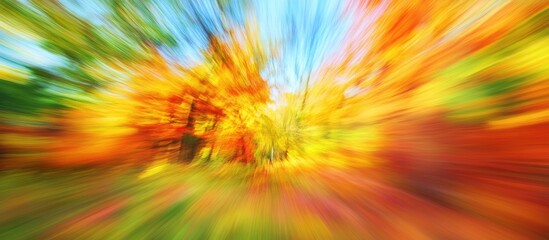 Leinwandbilder - Colorful motion blur of autumn foliage with vibrant red, orange, and yellow leaves against a bright blue sky and green grass creating a dynamic landscape.