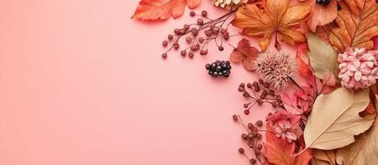 Poster - Autumn flat lay composition featuring dried orange leaves, pink flowers, and rowan berries on a soft pink background with ample copy space.