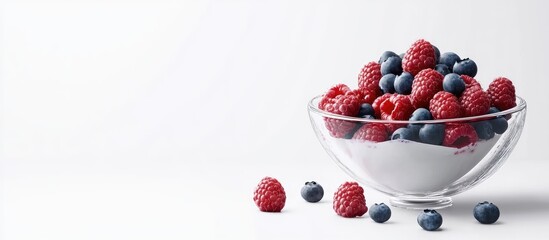 Poster - Fresh yogurt bowl filled with raspberries and blueberries positioned on the right side against a clean white background showcasing vibrant colors.
