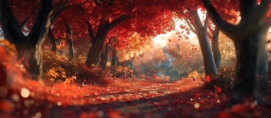 Leinwandbilder - Autumn path lined with vibrant red and orange foliage under soft sunlight warm tones evoke a serene natural beauty in the park setting