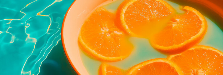 Poster - Vibrant orange milk with citrus segments and ripples in a refreshing pool setting