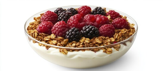 Poster - Bowl of granola topped with raspberries and blackberries on creamy yogurt against a crisp white background viewed from above