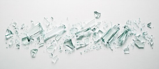 Aufkleber - Shattered glass pieces in varying shapes and sizes scattered across a pristine white background showcasing their delicate beauty and contrast.
