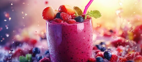 Poster - Vibrant berry smoothie in a clear glass featuring bright pink and purple hues garnished with strawberries and mint on a colorful berry backdrop