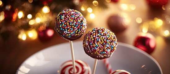 Poster - Chocolate brownie Christmas tree with colorful sprinkles served on white plate, surrounded by festive decorations and warm bokeh lights.