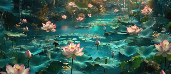 Fototapete - Lotus pond with vibrant pink flowers and lush green leaves under bright turquoise waterCreating a serene morning scene with soft lighting.