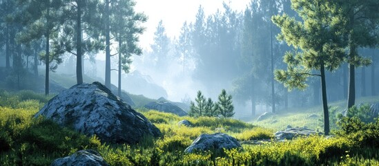 Fototapete - Serene misty forest landscape with lush green grass and tall pine trees, soft blue tones, large rocks scattered throughout the vibrant scene.