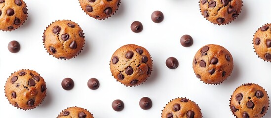 Poster - Chocolate chip muffins arranged in a scattered pattern on a bright white background with chocolate chips accentuating the composition.