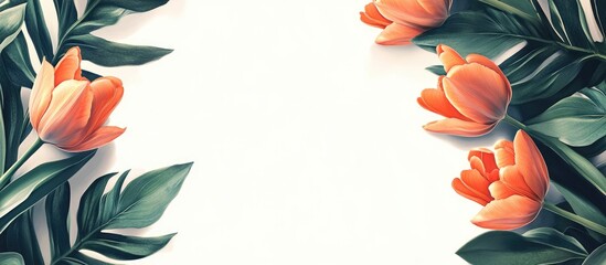 Poster - Vibrant orange tulips with rich green leaves gracefully arranged on the corners of a clean white background creating a striking visual appeal