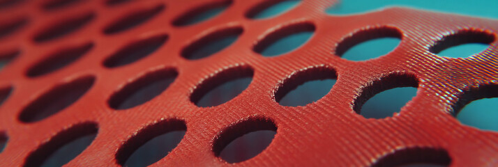 Poster - Textured surface of red perforated leather with matte plastic and coarse sandpaper layers