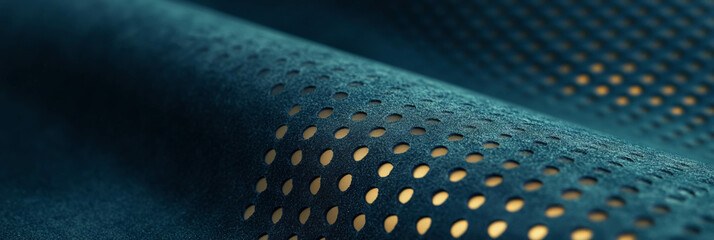 Poster - Close-up of perforated suede with matte brass and textured slate accents in rich blue tones