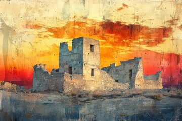 Wall Mural - Ruins of an ancient building against a colorful sunset in a desolate landscape