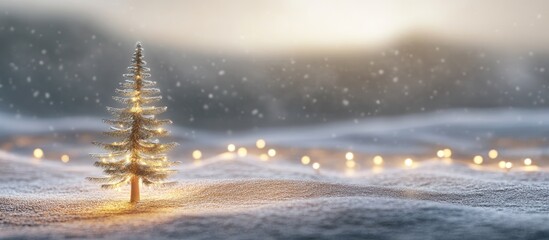 Aufkleber - Blurred Christmas tree with glowing lights on a soft snowy landscape background creating a serene winter atmosphere for holiday advertising.