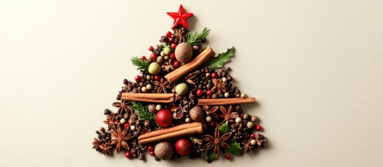 Poster - Colorful Christmas tree made of pinecones, berries, and cinnamon sticks arranged on a light background with a red star at the top.