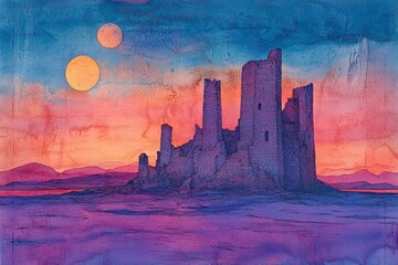 Wall Mural - Sunset illumination of a ruined castle under dual moons in a serene landscape