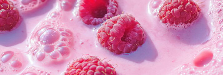 Poster - Delicious pink milk with raspberry ripples and fresh whole raspberries from a top view angle