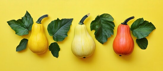 Poster - Vibrant autumn squash assorted in yellow, orange and green hues with leafy accents on a bright yellow background for a fresh seasonal feel