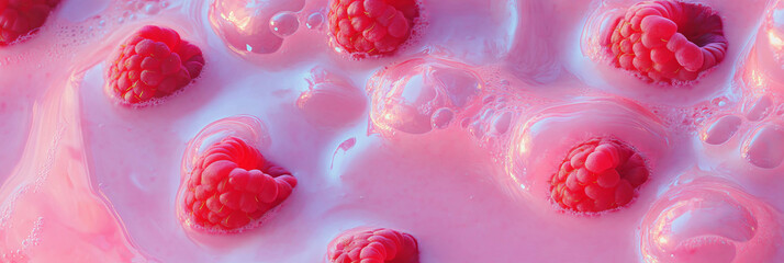 Poster - Delightful pink milk with raspberry ripples and whole berries in a top view capture
