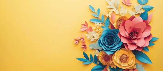 Poster - Colorful paper flowers in varying shades of pink, blue, and yellow against a soft pastel yellow background, perfect for Mother's Day celebration.