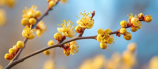 Fototapete - Delicate yellow blossoms with soft green stamens on a slender branch against a blurred blue background capturing the essence of springtime beauty.