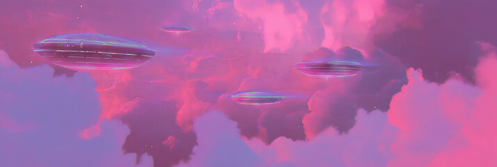 Poster - Futuristic landscape with hovering crafts against a vibrant pink sky at twilight