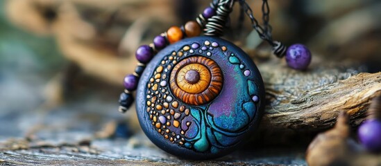 Poster - Colorful handmade polymer clay pendant featuring intricate earthy swirls in purple and orange, positioned on rustic wooden background with beads.