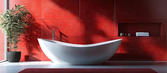 Poster - Modern bathroom design featuring a sleek white freestanding bathtub centered in a vibrant red room with a potted plant in the corner.