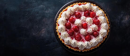 Poster - Delicious strawberry cream pie viewed from above featuring vibrant red strawberries and whipped cream on a black textured surface. Tempting dessert.
