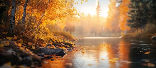 Fototapete - Serene autumn river landscape with golden foliage reflecting on calm waters, warm sunlight filtering through vibrant orange trees in the background.