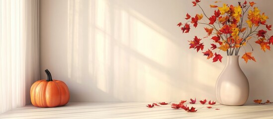 Poster - Cozy autumn interior featuring a light background with a white vase of orange and yellow leaves, and a rustic pumpkin in warm sunlight.
