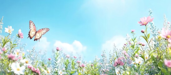 Poster - Bright spring landscape showcasing a vibrant meadow with pink and white flowers under a clear blue sky, a butterfly gracefully hovering on the left.