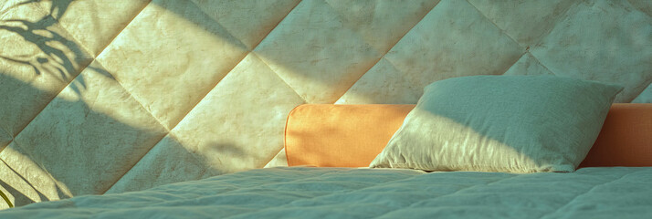 Poster - Stylish bedroom details featuring quilted cotton and brushed zinc textures