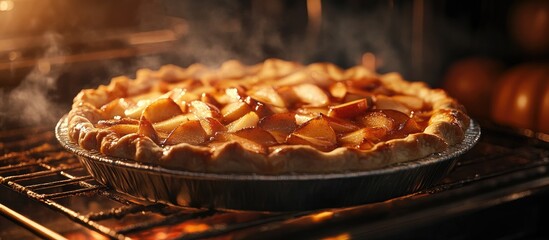 Poster - Warm golden apple pie filled with fresh slices in a glass dish, baking in a glowing oven with a blurred warm backdrop of bakery items.