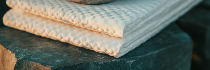 Poster - Quilted cotton textiles paired with brushed zinc atop rough sandstone surface