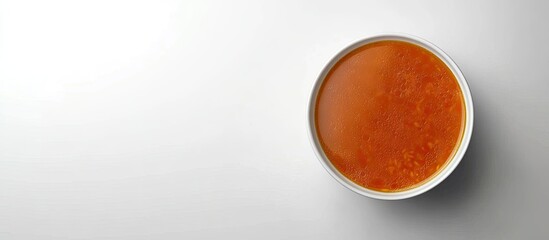 Poster - Colorful bowl of rich vegetable broth placed on clean light gray background with subtle shadows highlighting the circular shape of the bowl.