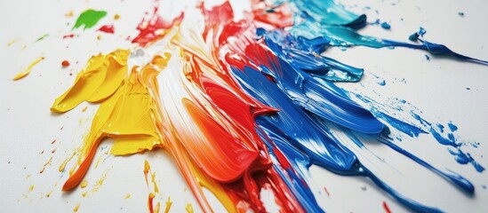 Poster - Colorful paint splashes of yellow, red, blue, and white arranged artistically on a white background with dynamic, vibrant textures and strokes.