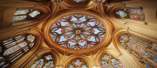 Poster - Majestic stained-glass ceiling in a historic cathedral showcasing vibrant colors with intricate floral designs and an ornate circular pattern above.