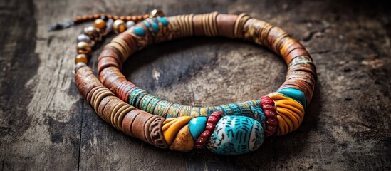 Poster - Handmade boho necklace featuring layered polymer clay beads in earthy tones of brown, turquoise, and yellow against a rustic wooden background.
